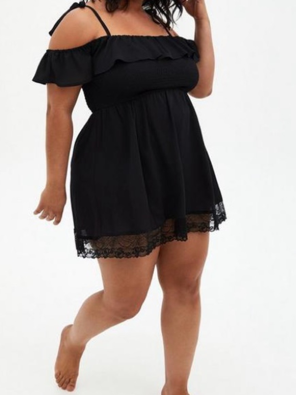 Torrid black smocked cold shoulder mini ruffle lace trim coverup dress - Picture 2 of 11